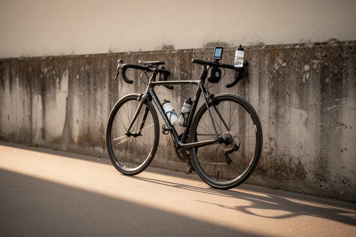 Road bike mounted in a repair stand in a tidy workshop with tools on a bench