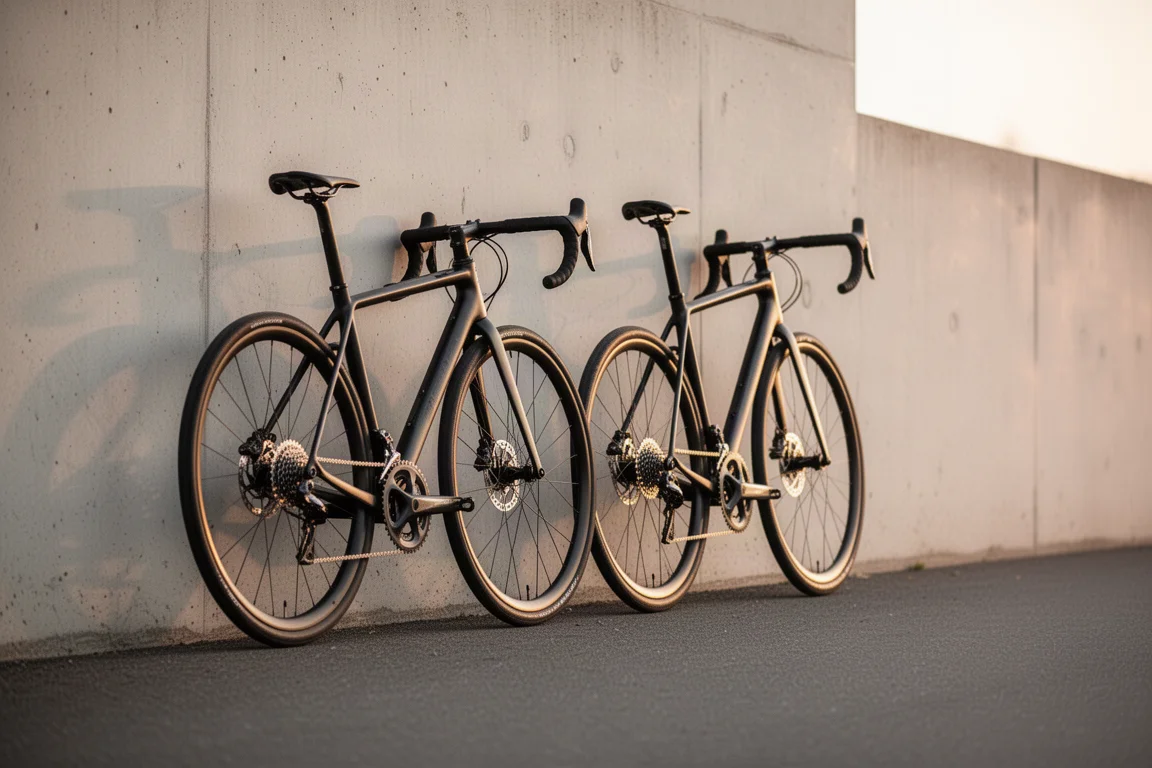 Duas bicicletas de estrada encostadas em uma parede de concreto claro na hora dourada