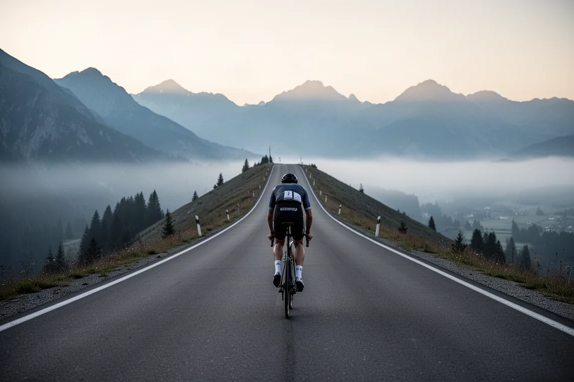 Ciclista de estrada subindo uma longa reta ao amanhecer em névoa baixa