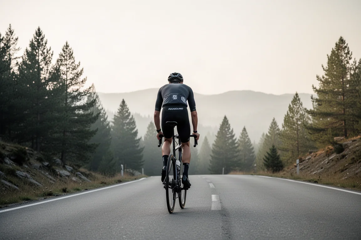 Vogelperspektive auf Fahrradhelm, Bidons, Handschuhe und Werkzeug auf Beton