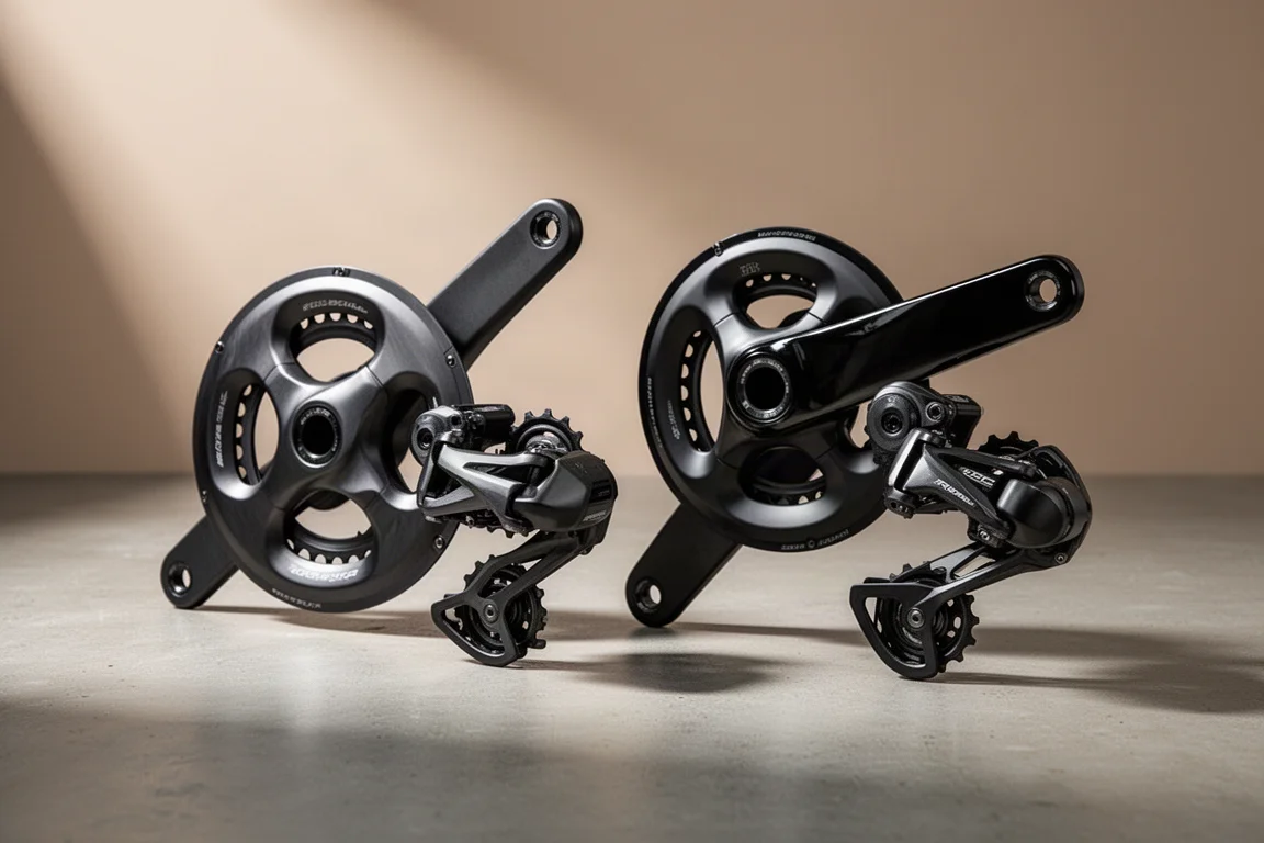 Two road bike groupsets arranged on a matte concrete surface