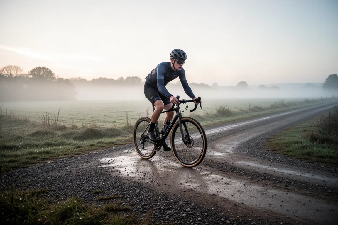 Gravel-Fahrer auf einer Straße mit gemischtem Untergrund im Morgengrauen, Nebel über offenen Feldern