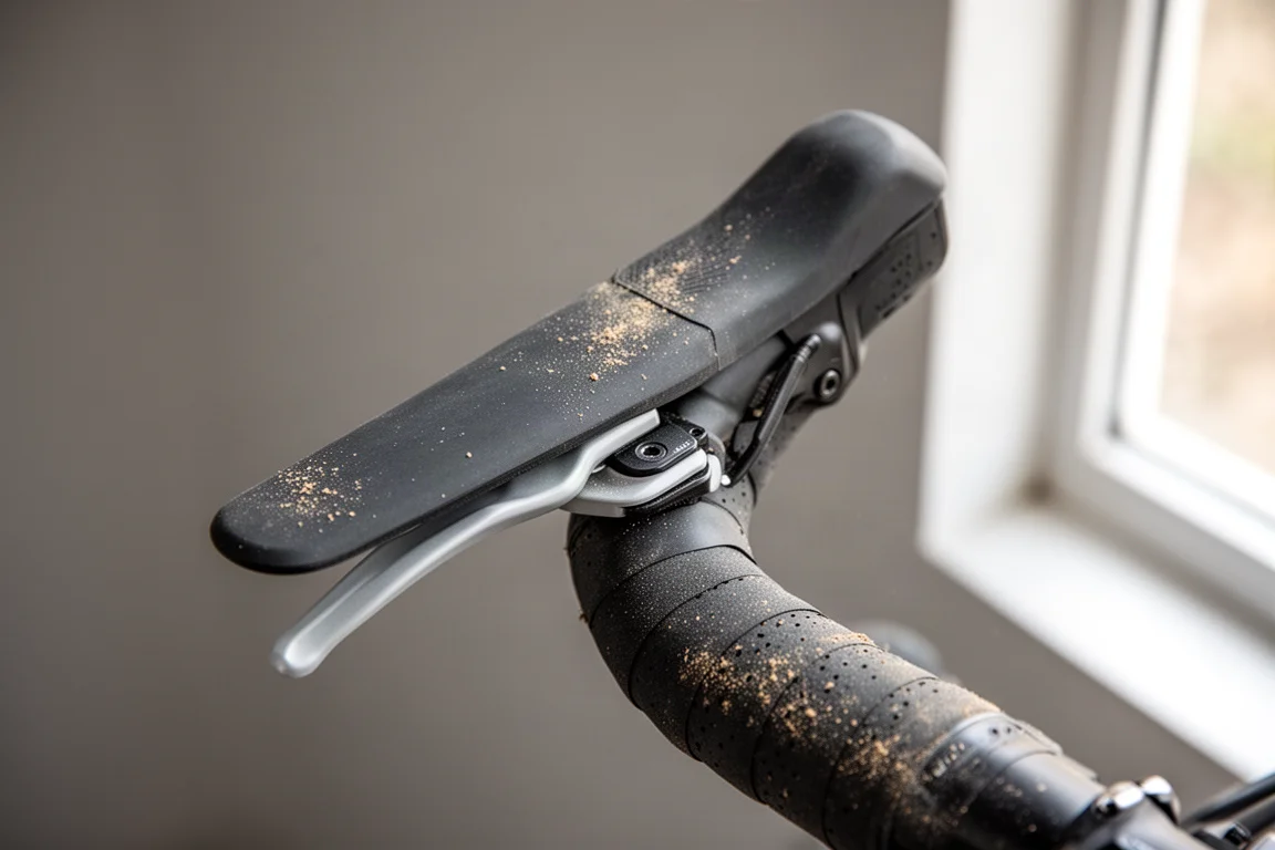 Detailansicht eines integrierten Gravel-Bike-Bremshebels und eines schlanken Hoods an einem staubigen Lenker
