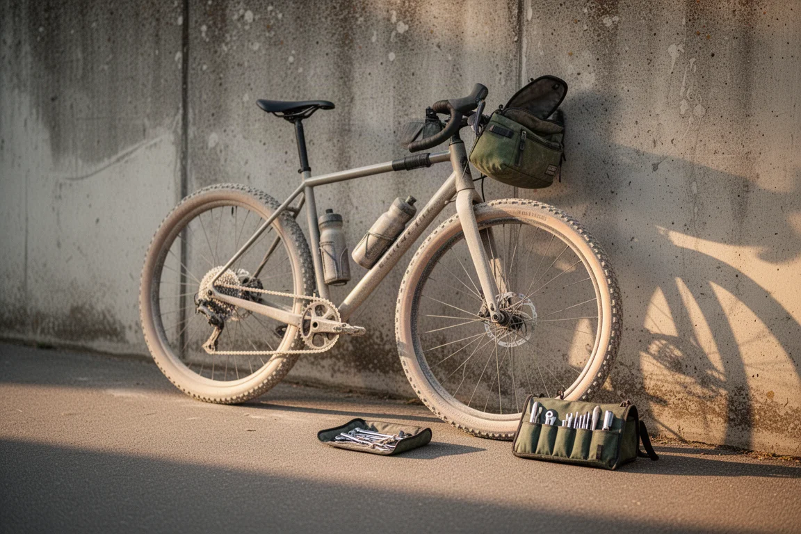 Gravel-Bike lehnt an einer verwitterten Betonwand im Licht des späten Nachmittags