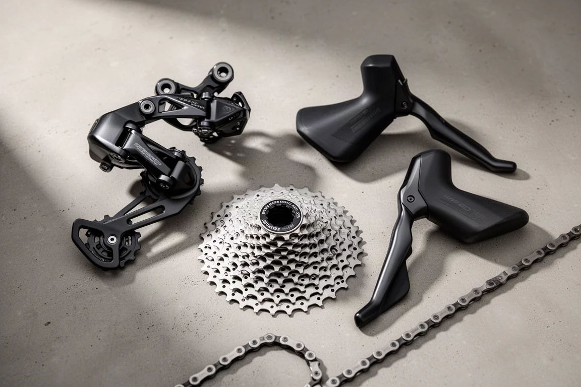 コンクリート面に並べられたSRAM Red XPLR 13速グラベルグループセットのコンポーネント