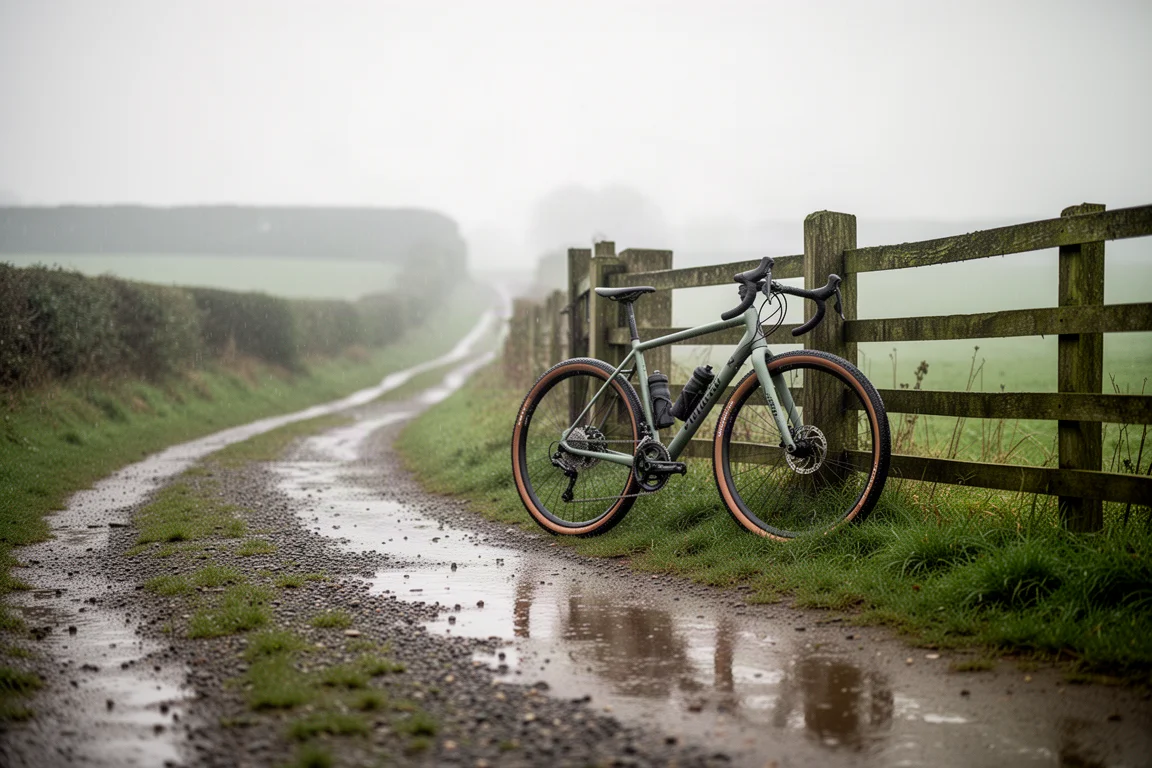 Gravelbike lehnt an einem Holzzaun neben einem nassen Feldweg bei bedecktem Himmel