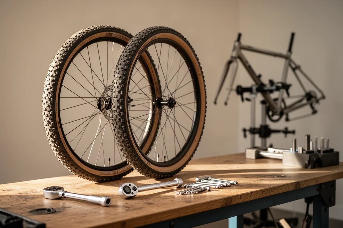 Werkbank mit Gravel-Laufrad, Werkzeug und einem Fahrrad im Montageständer