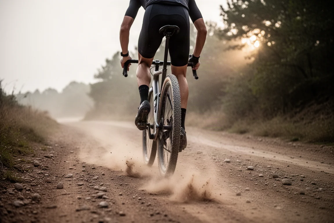 Gravel-Fahrer, der eine lose Schotterstraße erklimmt, Staub steigt hinter dem Laufrad auf