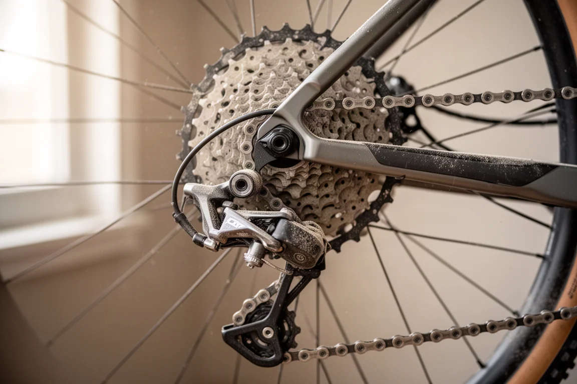 Nahaufnahme einer Weitbereichskassette und eines Schaltwerks an einem Gravelbike