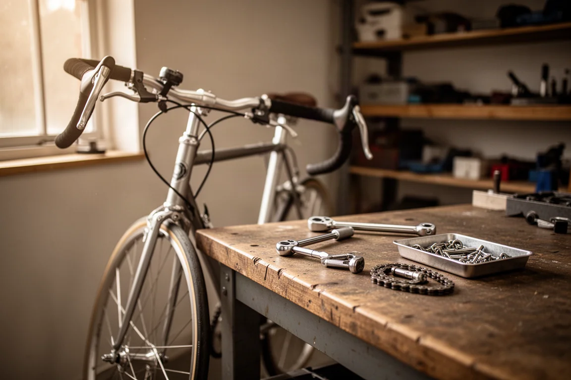 Fahrrad lehnt an einer Werkbank, Werkzeuge liegen bereit