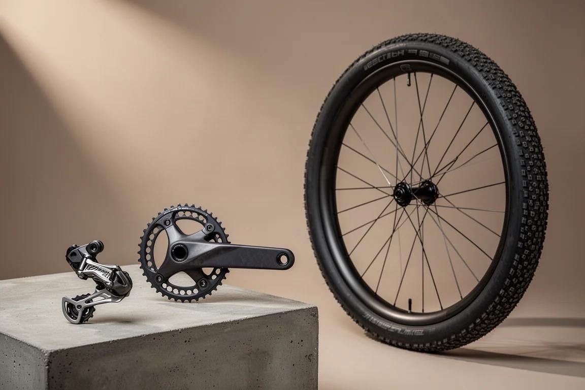Gravel groupset crankset and rear derailleur beside a deep wide carbon gravel wheel rim