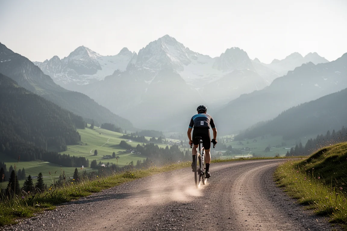 Ciclista gravel su una pista alpina verso cime innevate nella luce del mattino
