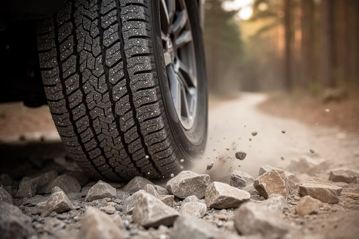 Primo piano di un largo pneumatico gravel slick che rotola su roccia smossa e polvere