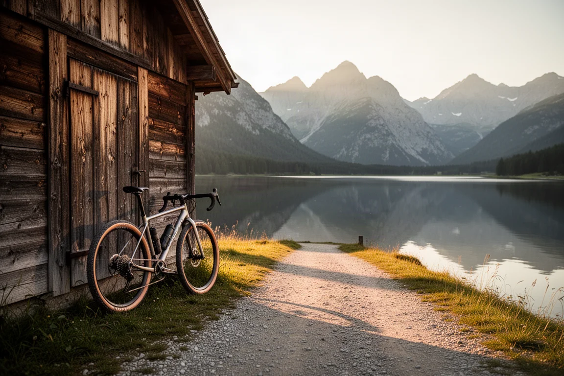Bici gravel appoggiata al muro di una baita in legno accanto a un lago di montagna nell'ora dorata