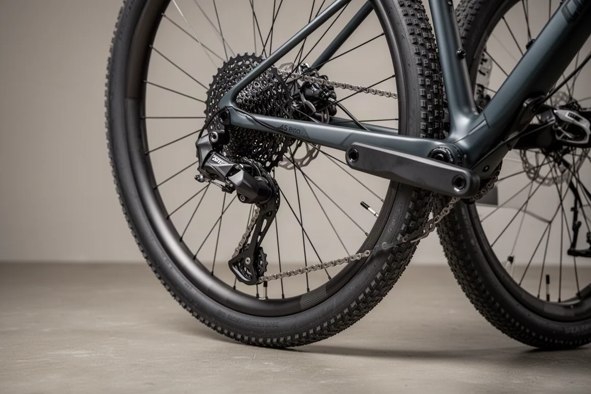 Câmbio traseiro SRAM RED XPLR, roda gravel Zipp 45mm e pneu Goodyear sobre concreto