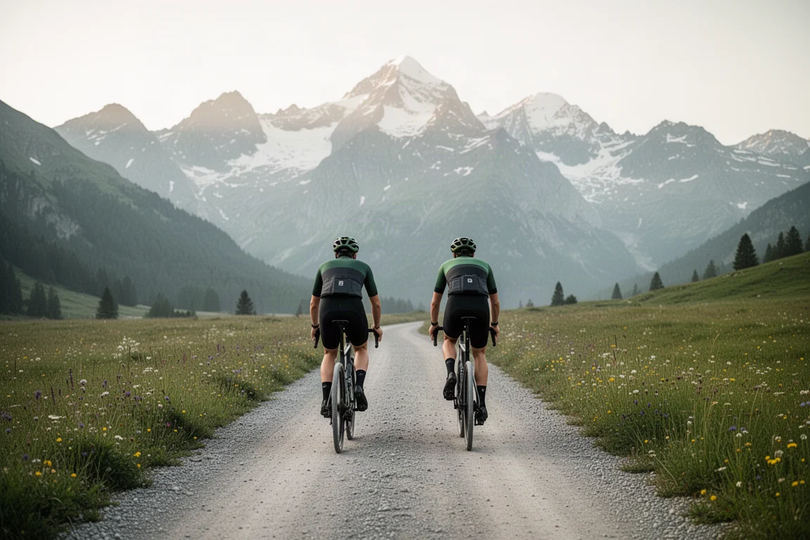 Deux cyclistes gravel roulant sur une piste alpine avec des sommets enneigés en arrière-plan