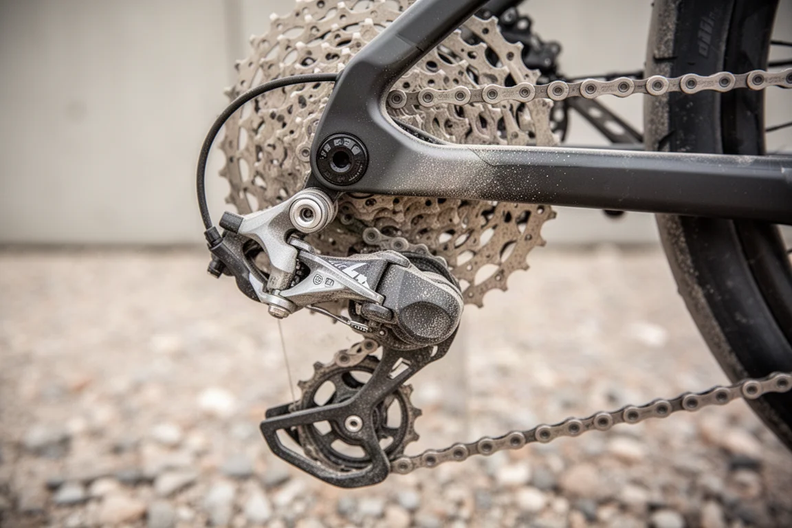 Gros plan d'un dérailleur arrière monté sur une patte de cadre, avec chaîne et cassette