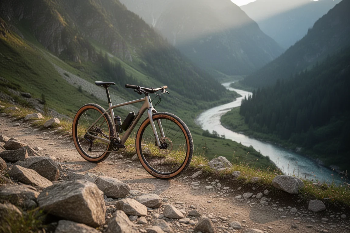 Vélo gravel posé sur un sentier alpin rocailleux au-dessus d'une vallée verte et d'une rivière