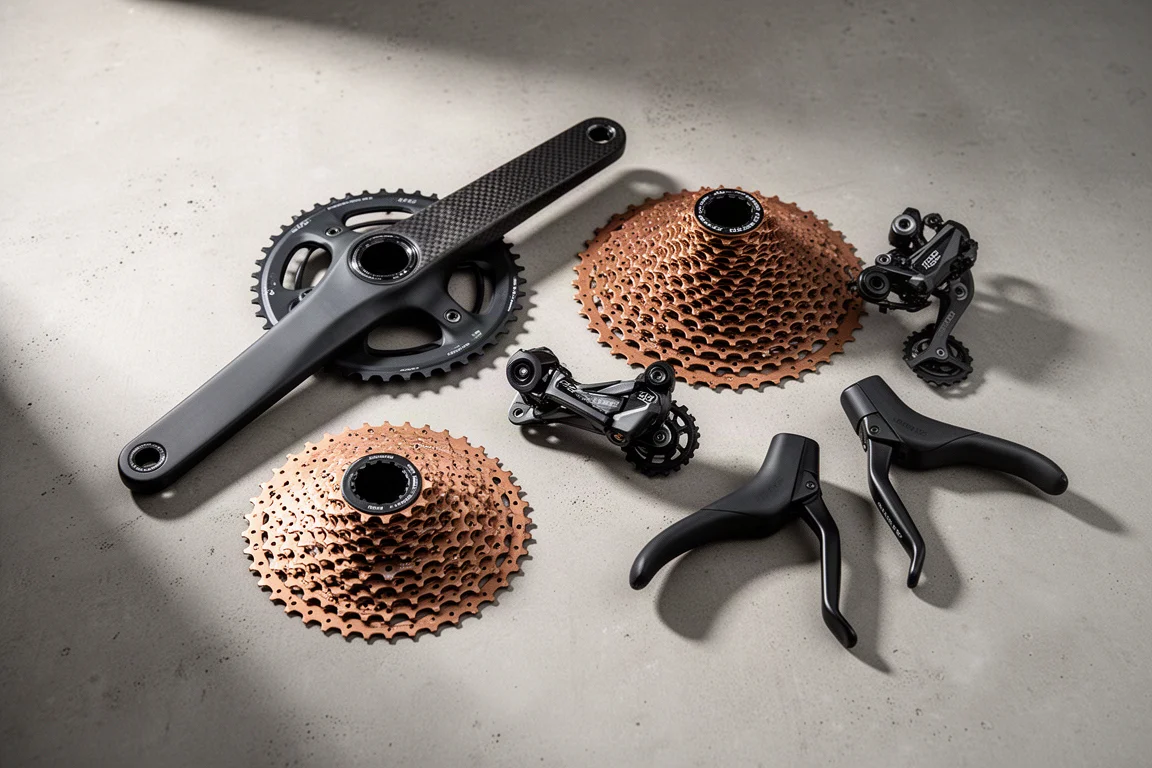 Onderdelen van de SRAM Red XPLR gravelgroepset gerangschikt op een mat betonnen oppervlak