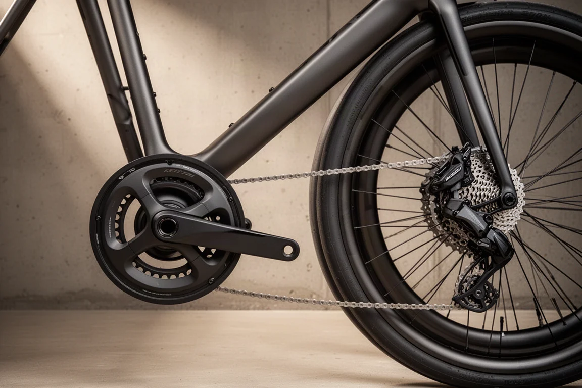 コンクリート上の、シングルチェーンリングクランクセットとワイドレンジカセットを備えたロードバイクのドライブトレイン