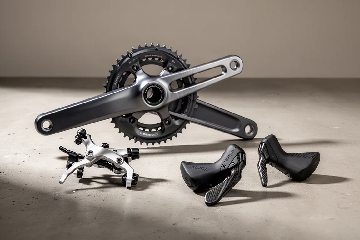 Racefietsgroepset met crankstel, remklauw en schakelhendels met een laag profiel op beton
