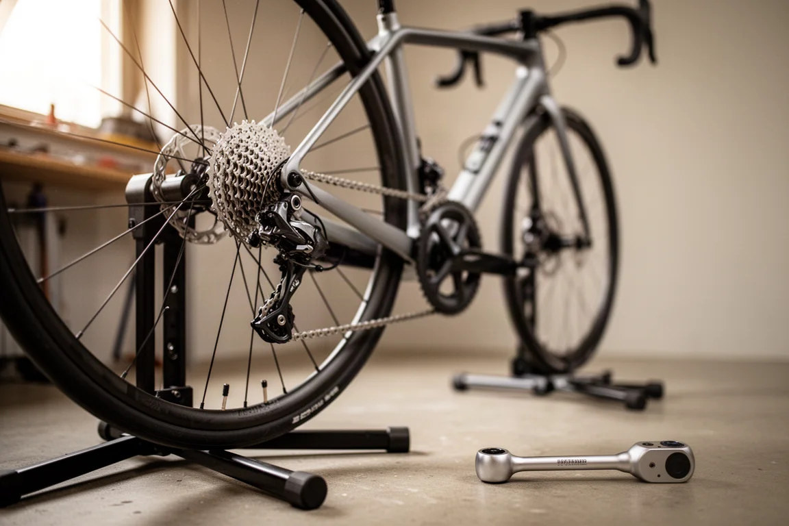 Gros plan sur un cockpit de vélo de route avec des cocottes de frein profilées et une large palette de levier
