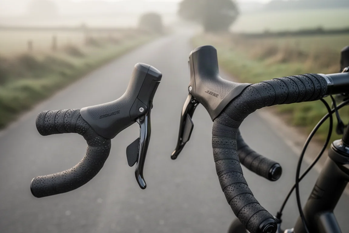 Transmission de vélo de route sur un support d'atelier, la chaîne passant sur la cassette et le dérailleur