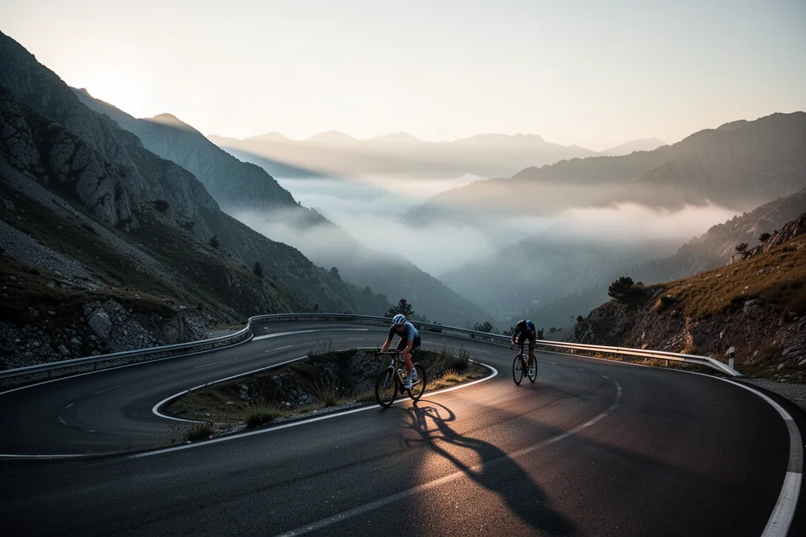 Cycliste sur route s'éloignant sur une route côtière déserte aux premières lueurs du jour