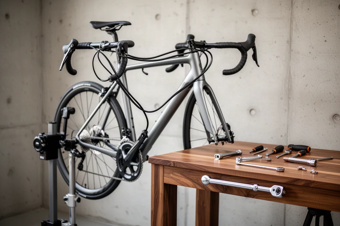 Rennrad auf dem Montageständer beim Aufbau, Werkzeuge auf der Werkbank