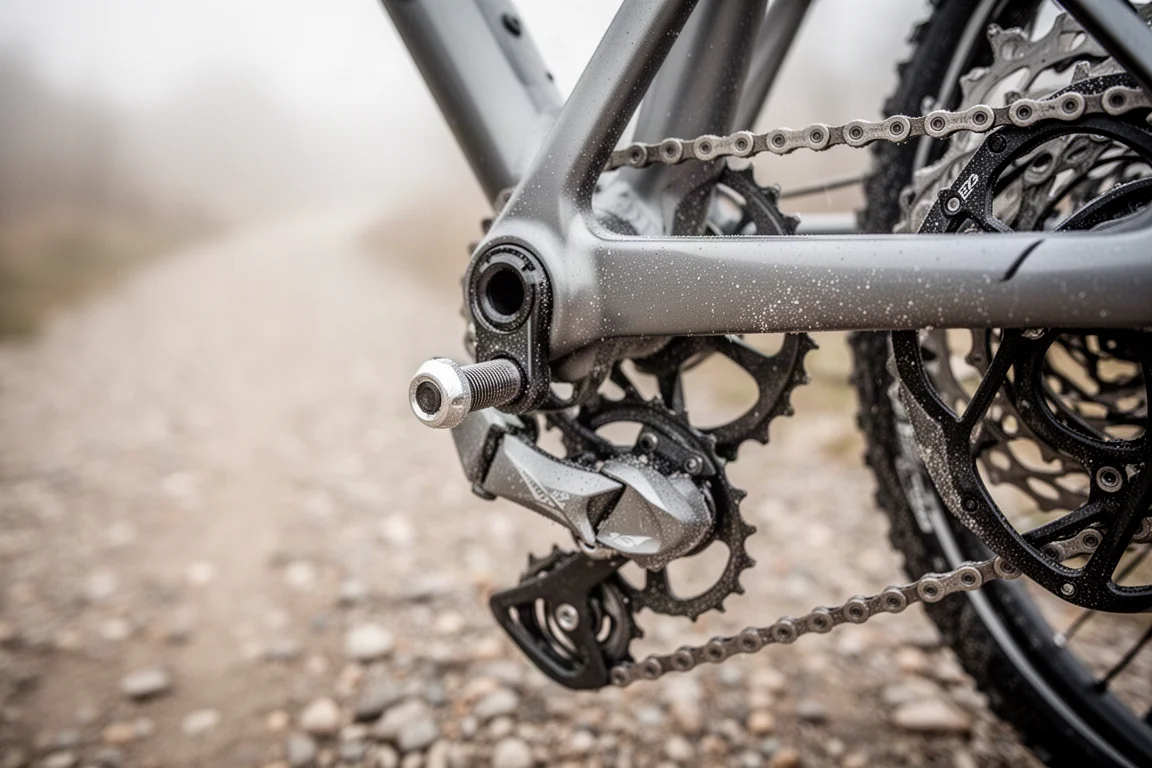 Laag standpunt van een gravelbike die een rotsachtig pad afdaalt met stof en een schijfremrotor
