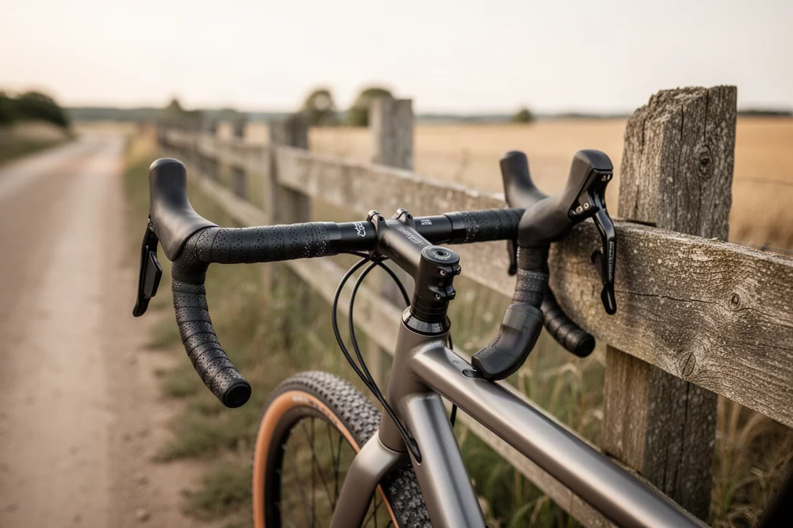 Zicht over het stuur van een gravelcockpit met breed stuur op een zandweg