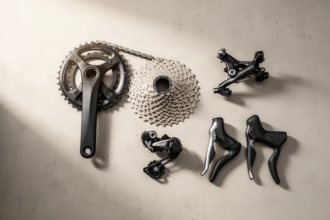 Gravelbikes met frametassen leunen tegen een houten hek bij zonsopgang
