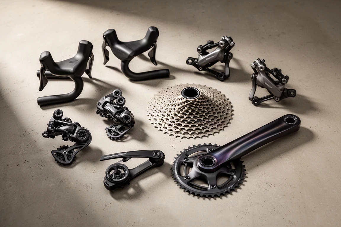 Wireless gravel bike drivetrain components arranged on a concrete surface