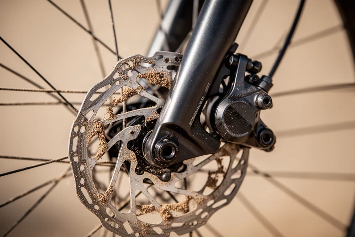 Primer plano de una pinza de freno de disco hidráulico y un disco en una rueda de bicicleta de gravel polvorienta