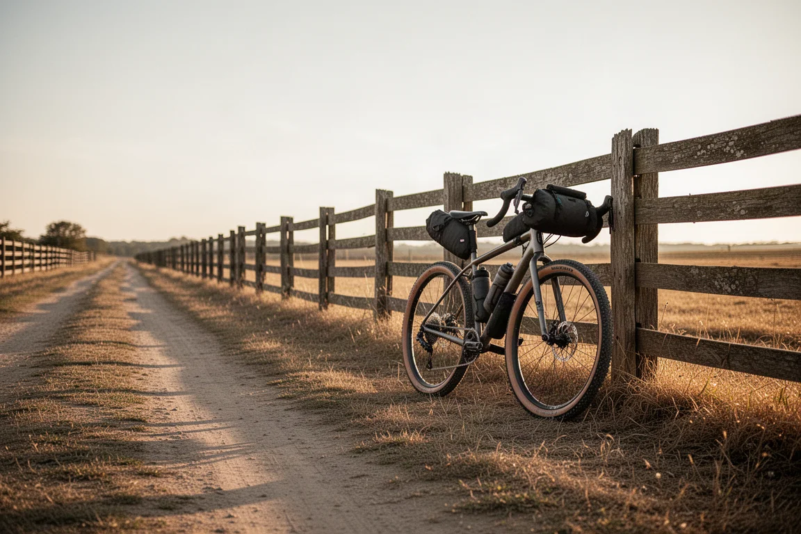 Bicicleta de gravel apoyada contra una valla de madera en un camino rural a la hora dorada