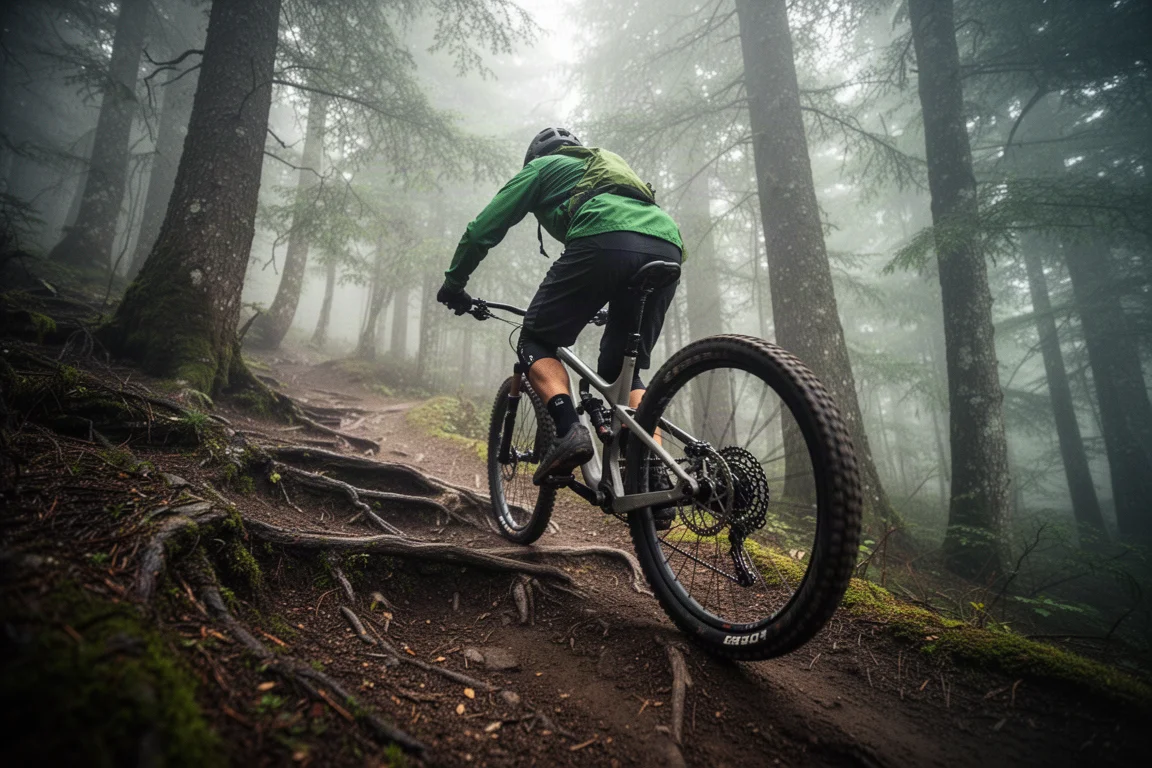 Mountainbiker die een steil bospad vol wortels beklimt in lage mist