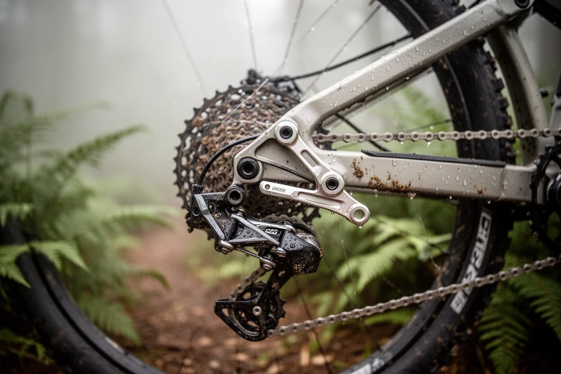 Achterderailleur direct op het frame van een mountainbike geklemd bij de achteras