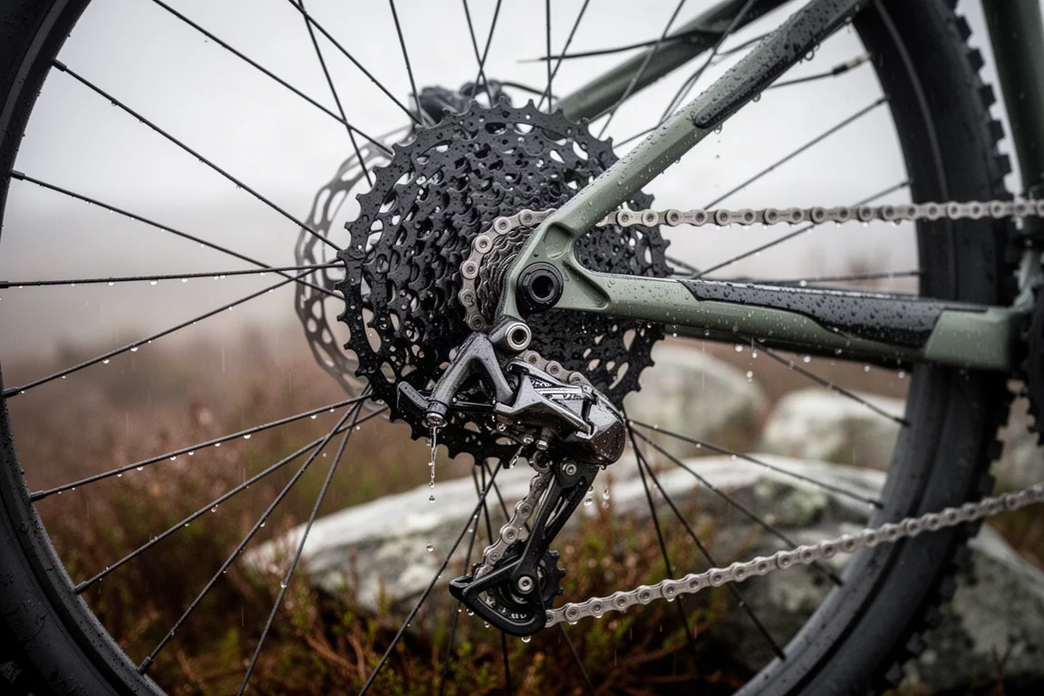 Natte cassette en ketting op een mountainbike na een winterrit