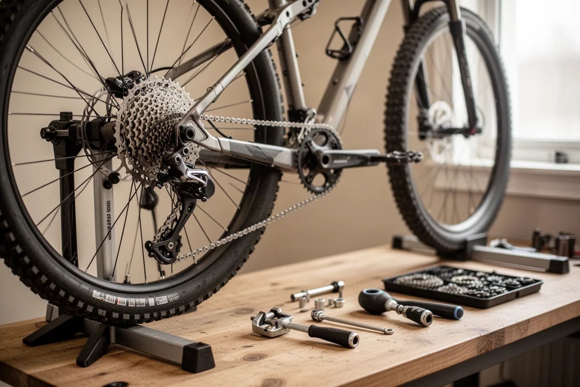 Mountainbike in een werkplaatsstandaard met aandrijflijn-gereedschap uitgestald