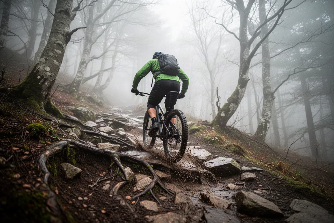 Mountain biker climbing a steep rocky trail in damp woodland