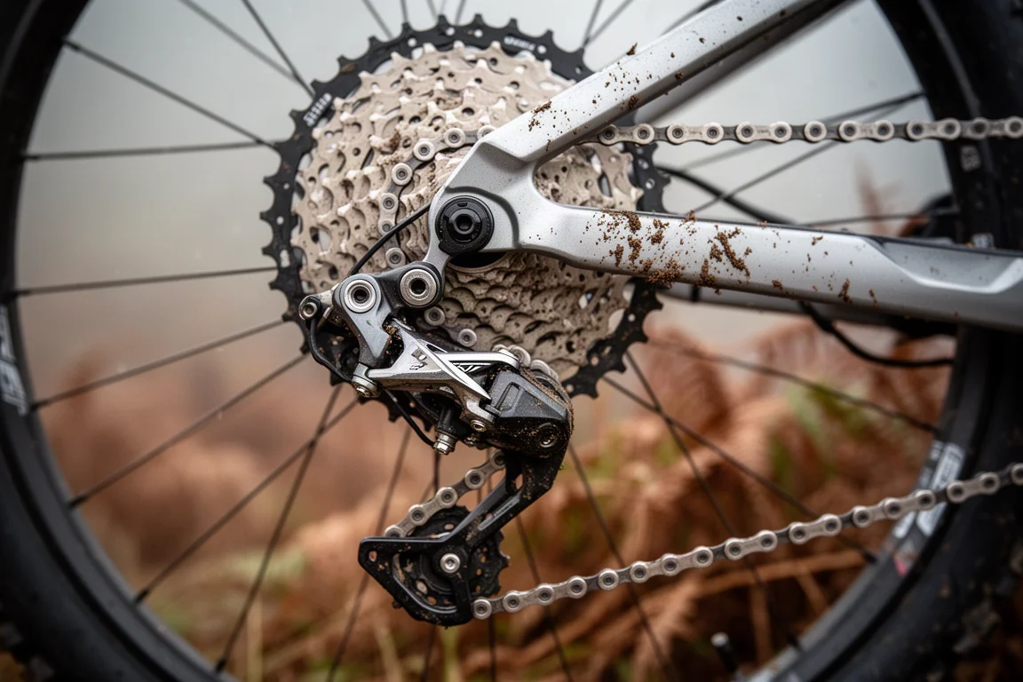 Rear derailleur and cassette shifting on a mud splattered mountain bike