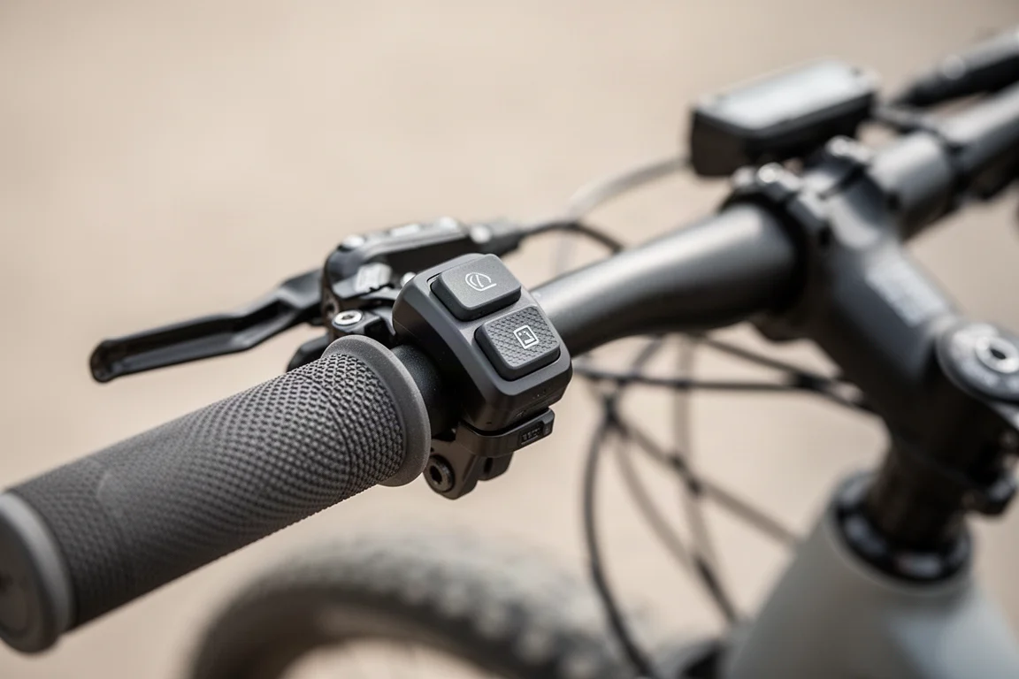 Handlebar mounted two button wireless controller on a mountain bike cockpit
