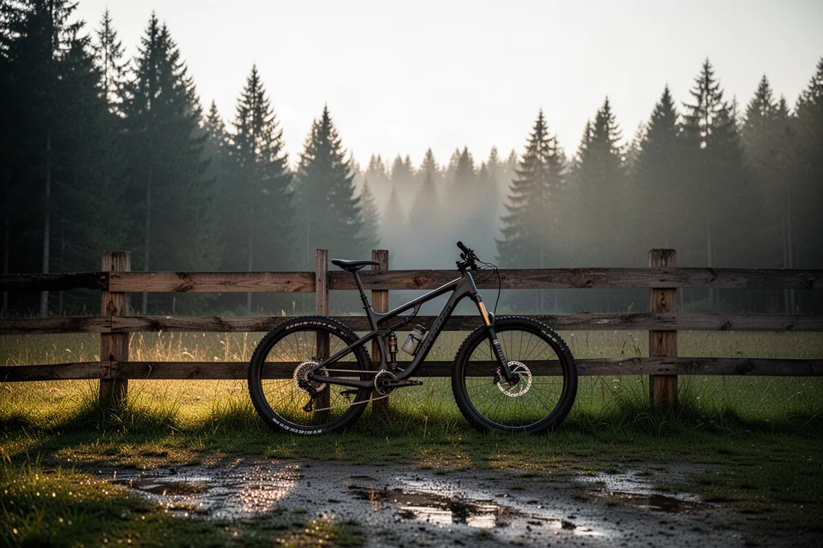 Mountain bike leaning against a wooden fence at a trailhead in low evening light