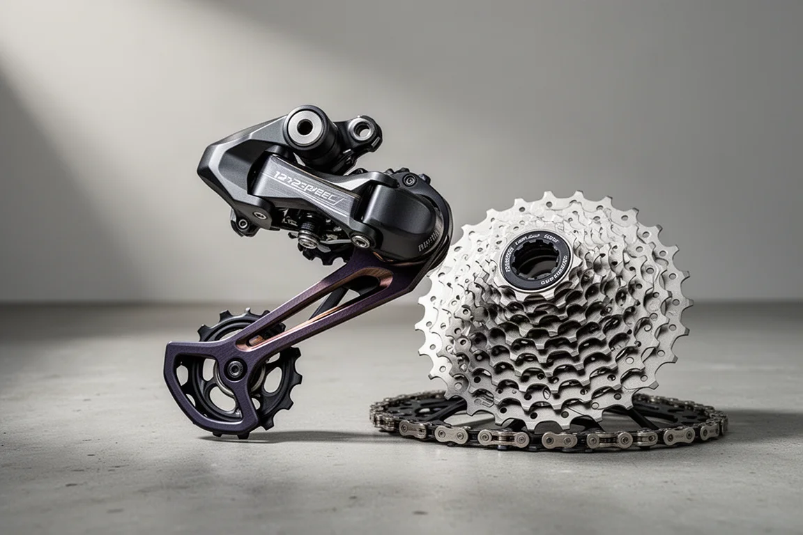 Draadloze achterderailleur voor mountainbike en 12-speed cassette met groot bereik op een betonnen ondergrond