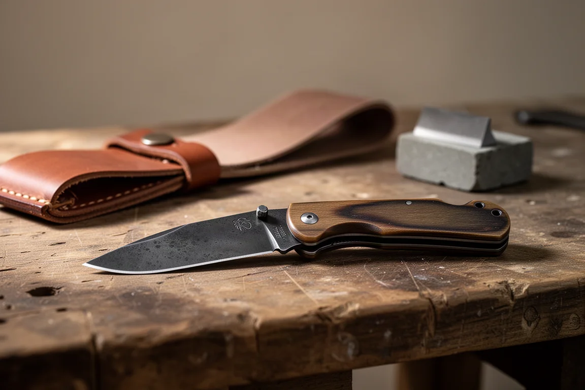 Coltello pieghevole aperto su un banco di lavoro con una pietra per affilare e cuoio sullo sfondo