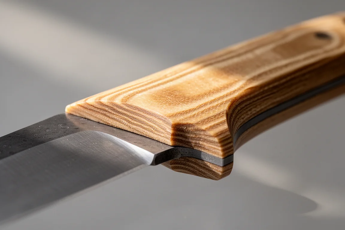 Primo piano della texture del manico in Micarta di un coltello sotto luce direzionale soffusa