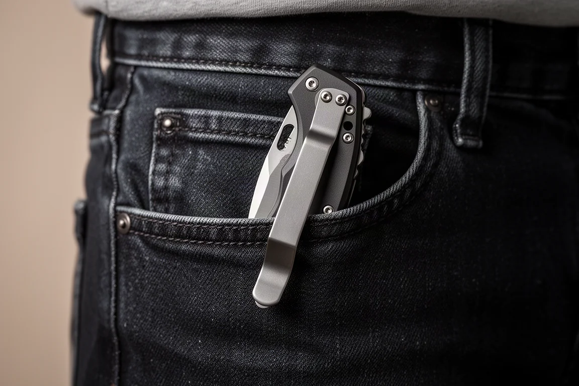 Coltello pieghevole con clip in una tasca di jeans con la clip posizionata in profondità