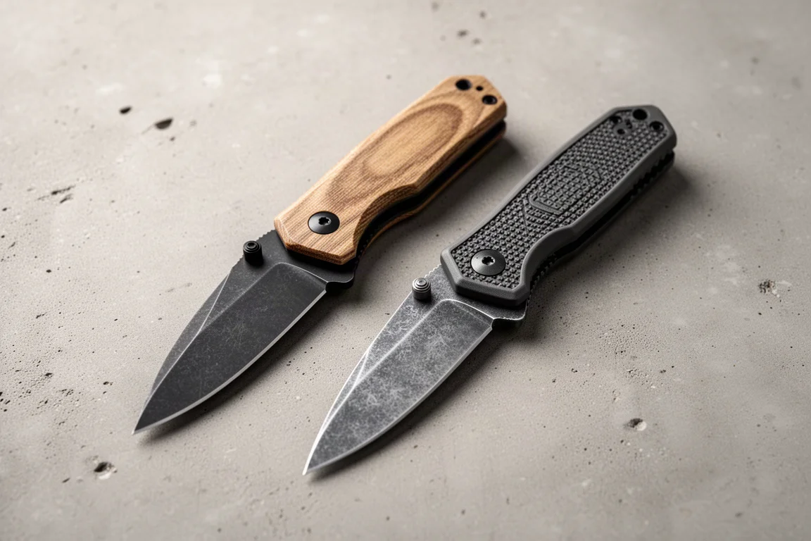 Coltello pieghevole accanto a un piccolo taglierino su una scrivania in cemento con luce soffusa