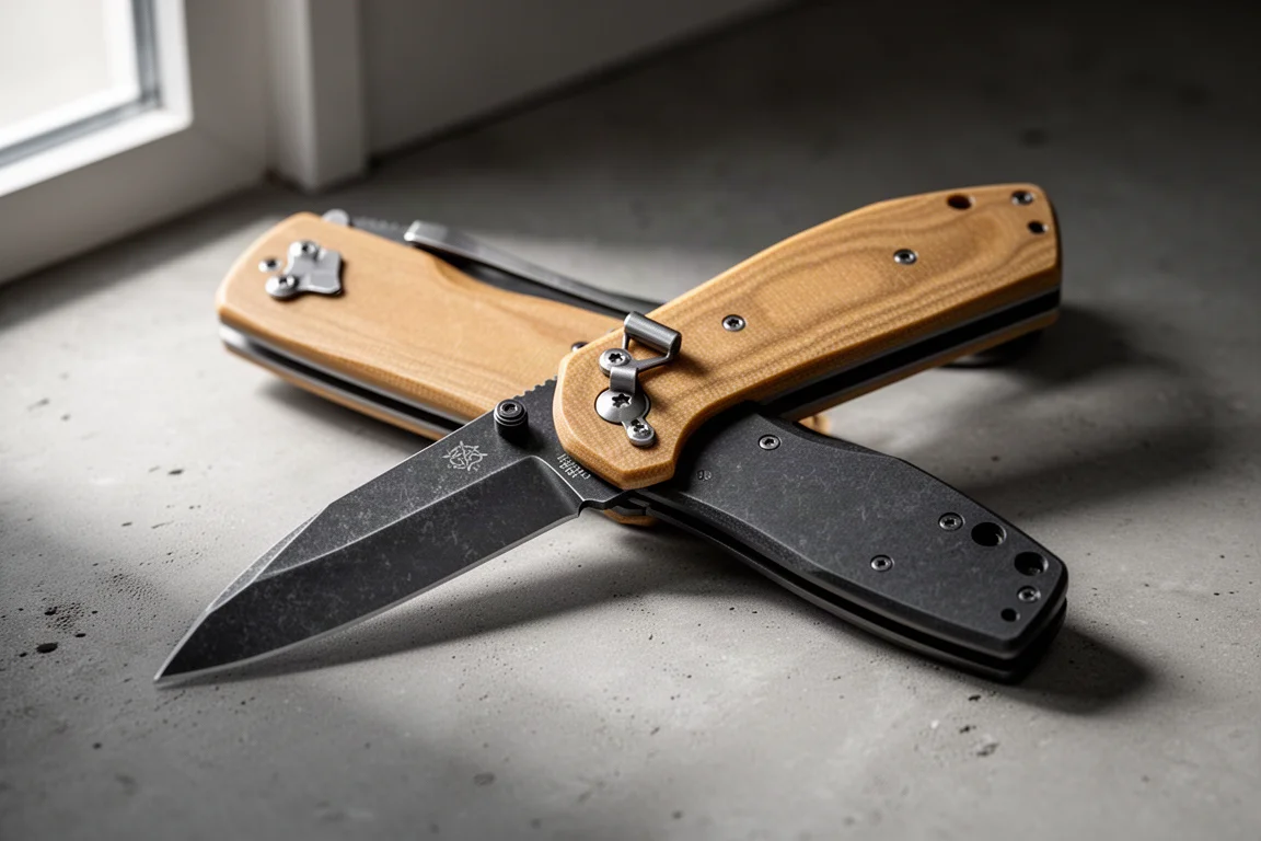 SRM 7228L folding knife with Micarta handle and black washed blade on concrete