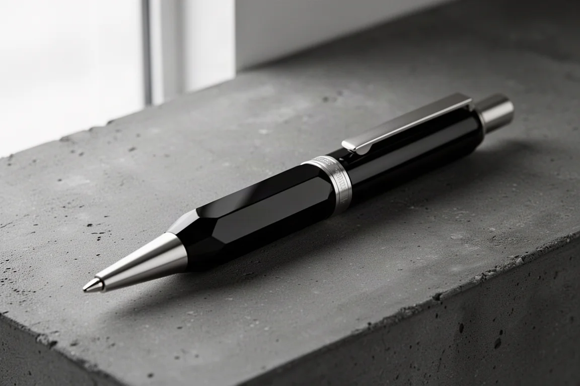 Glossy black faceted S.T. Dupont Défi ballpoint pen on a dark concrete surface